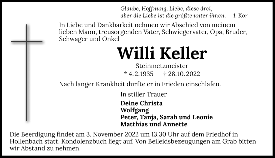 Traueranzeige von Willi Keller von Heilbronner Stimme