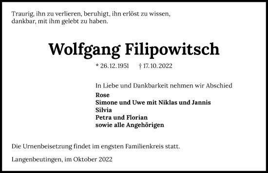Traueranzeige von Wolfgang Filipowitsch von Heilbronner Stimme