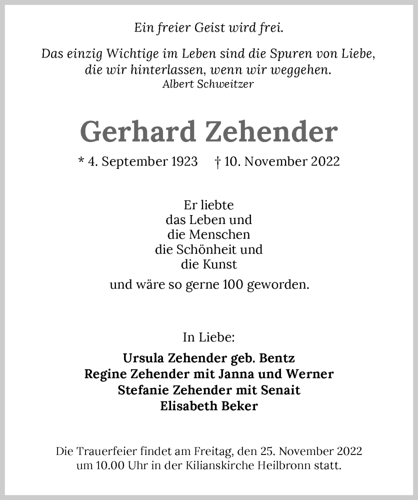  Traueranzeige für Gerhard Zehender vom 19.11.2022 aus Heilbronner Stimme