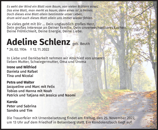 Traueranzeige von Adeline Schlenz von Heilbronner Stimme