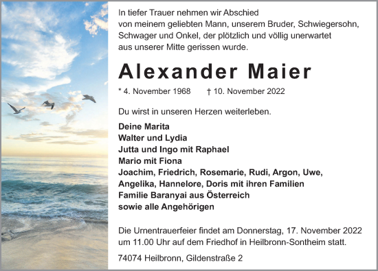 Traueranzeige von Alexander Maier von Heilbronner Stimme