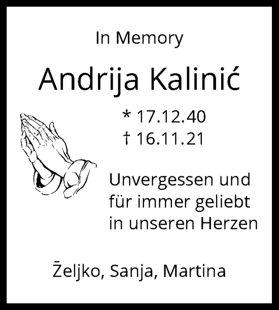 Traueranzeige von Andrija Kalinic von Heilbronner Stimme