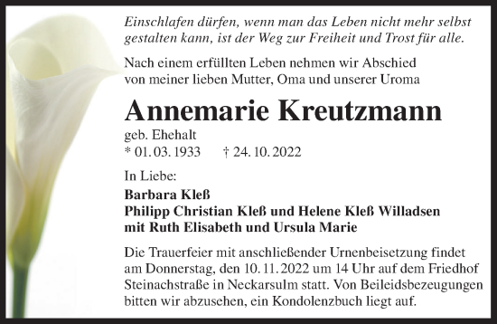 Traueranzeige von Annemarie Kreutzmann von Heilbronner Stimme