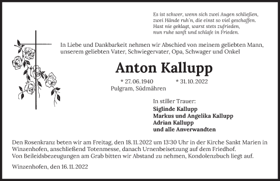 Traueranzeige von Anton Kallupp von Heilbronner Stimme