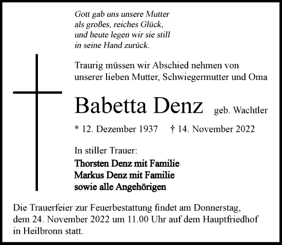 Traueranzeige von Babetta Denz von Heilbronner Stimme