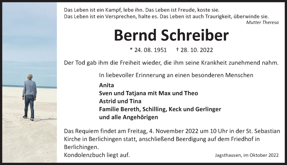  Traueranzeige für Bernd Schreiber vom 02.11.2022 aus Heilbronner Stimme
