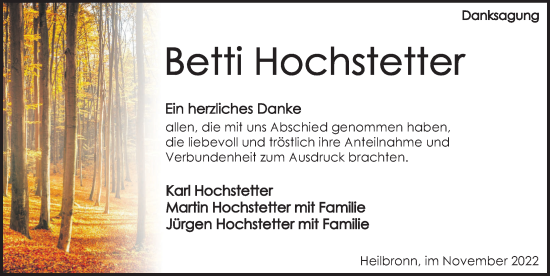 Traueranzeige von Betti Hochstetter von Heilbronner Stimme