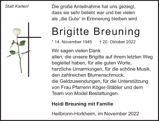 Traueranzeige von Brigitte Breuning von Heilbronner Stimme