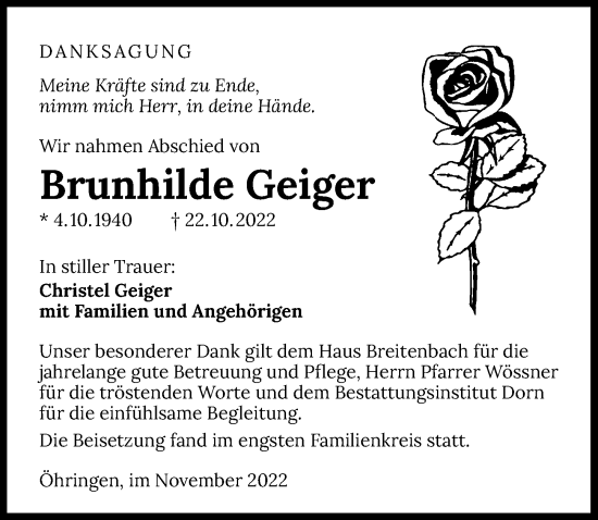 Traueranzeige von Brunhilde Geiger von Heilbronner Stimme