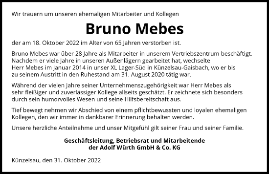 Traueranzeige von Bruno Mebes von Heilbronner Stimme