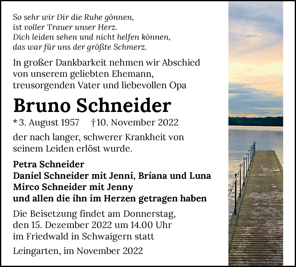  Traueranzeige für Bruno Schneider vom 19.11.2022 aus Heilbronner Stimme