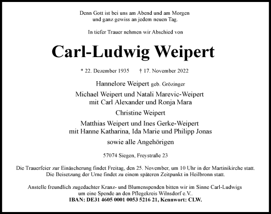 Traueranzeige von Carl-Ludwig Weipert von Heilbronner Stimme