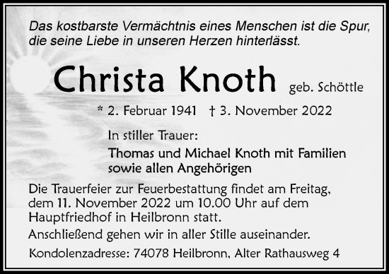 Traueranzeige von Christa Knoth von Heilbronner Stimme