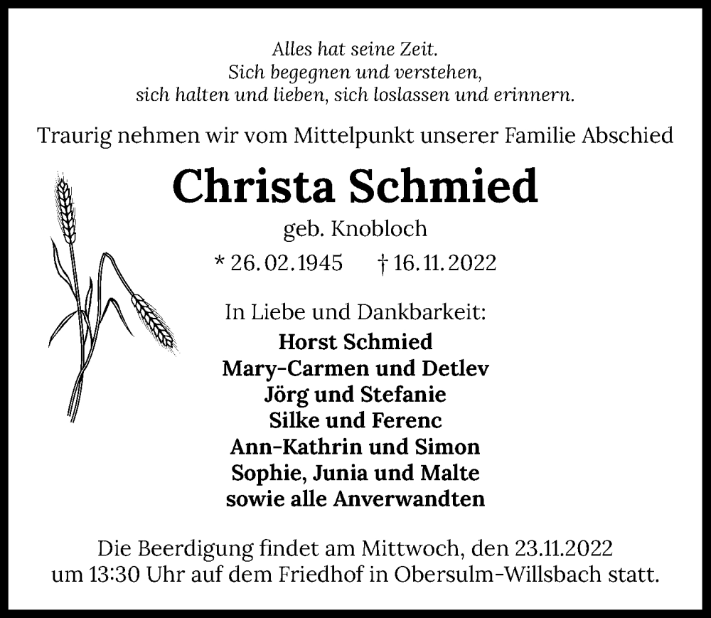  Traueranzeige für Christa Schmied vom 19.11.2022 aus Heilbronner Stimme