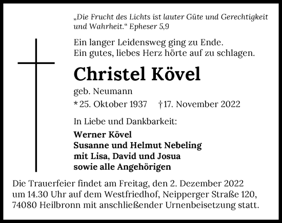 Traueranzeige von Christel Kövel von Heilbronner Stimme