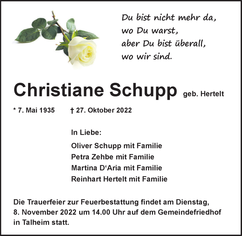  Traueranzeige für Christiane Schupp vom 05.11.2022 aus Heilbronner Stimme