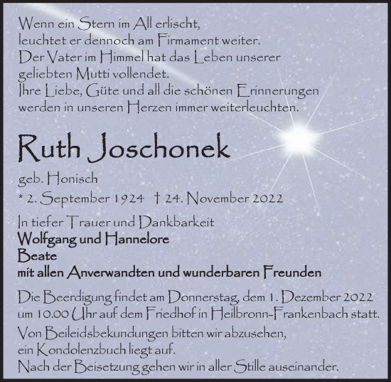 Traueranzeige von Ruth Joschonek von HAUPT