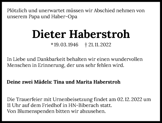 Traueranzeige von Dieter Haberstroh von GESAMT