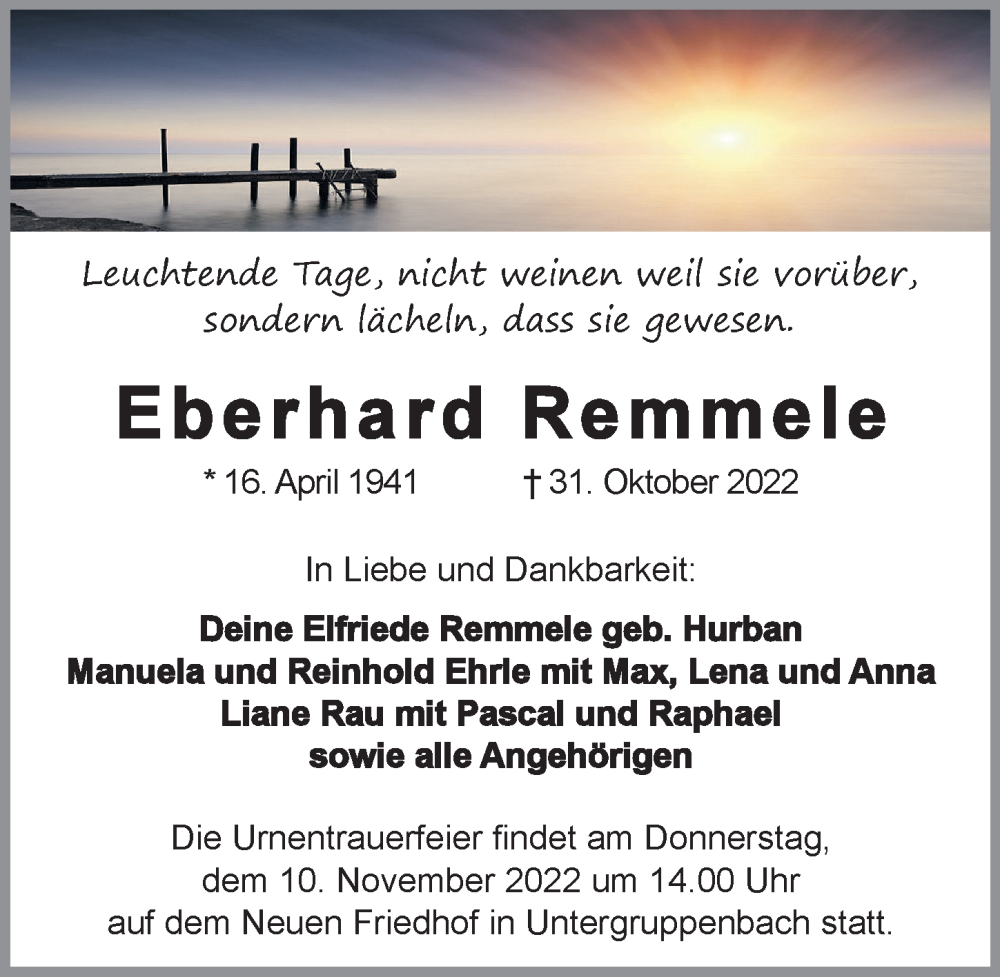  Traueranzeige für Eberhard Remmele vom 05.11.2022 aus Heilbronner Stimme