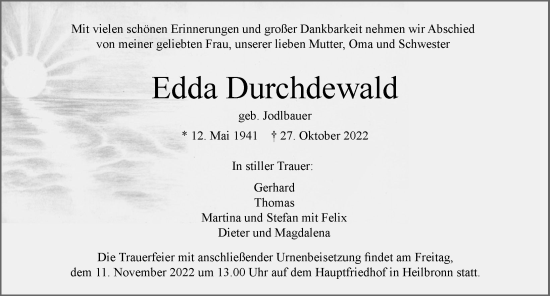 Traueranzeige von Edda Durchdewald von Heilbronner Stimme