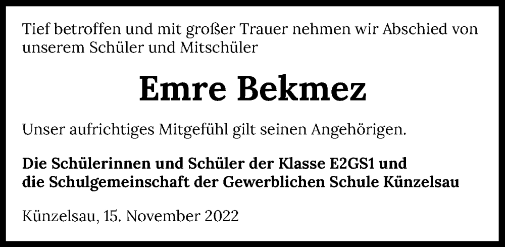  Traueranzeige für Emre Bekmez vom 15.11.2022 aus Heilbronner Stimme