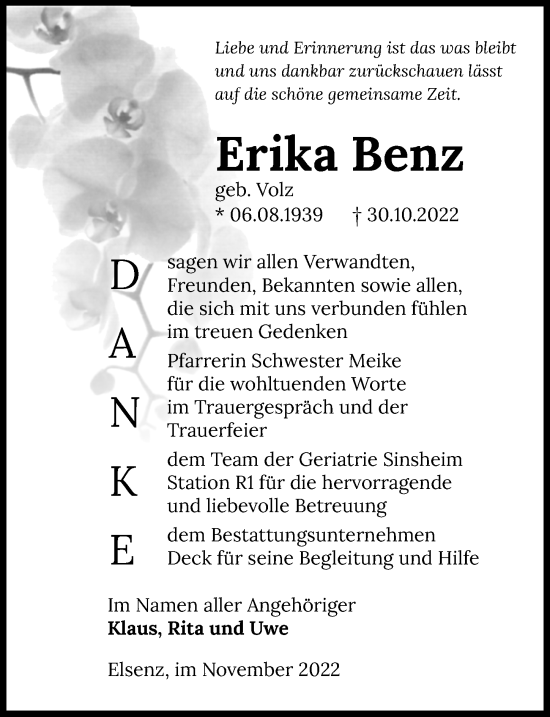 Traueranzeige von Erika Benz von Heilbronner Stimme