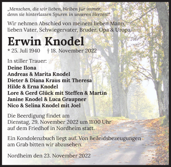 Traueranzeige von Erwin Knodel von Heilbronner Stimme