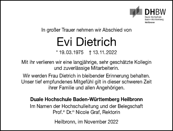Traueranzeige von Evi Dietrich von Heilbronner Stimme