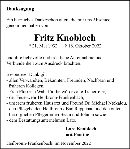 Traueranzeige von Fritz Knobloch von Heilbronner Stimme