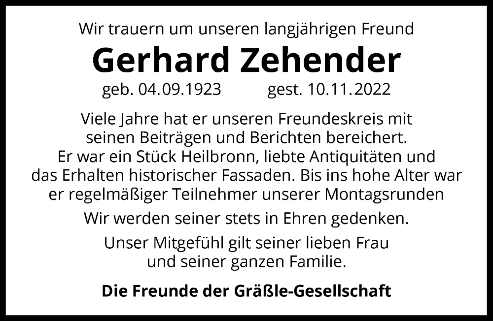  Traueranzeige für Gerhard Zehender vom 19.11.2022 aus Heilbronner Stimme
