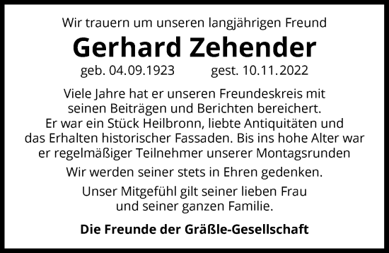 Traueranzeige von Gerhard Zehender von Heilbronner Stimme