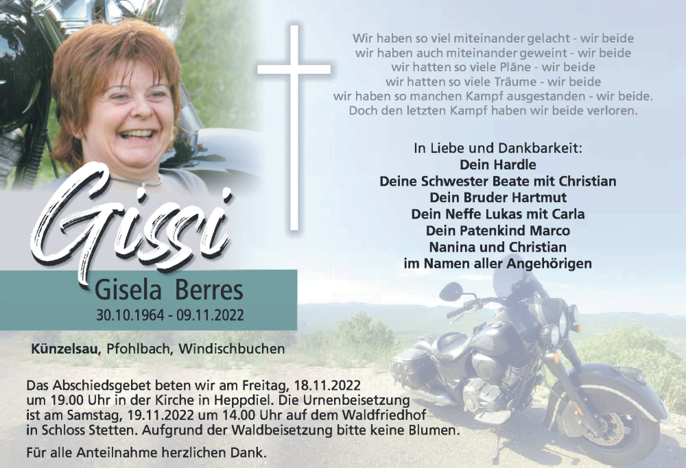  Traueranzeige für Gisela Berres vom 16.11.2022 aus Heilbronner Stimme