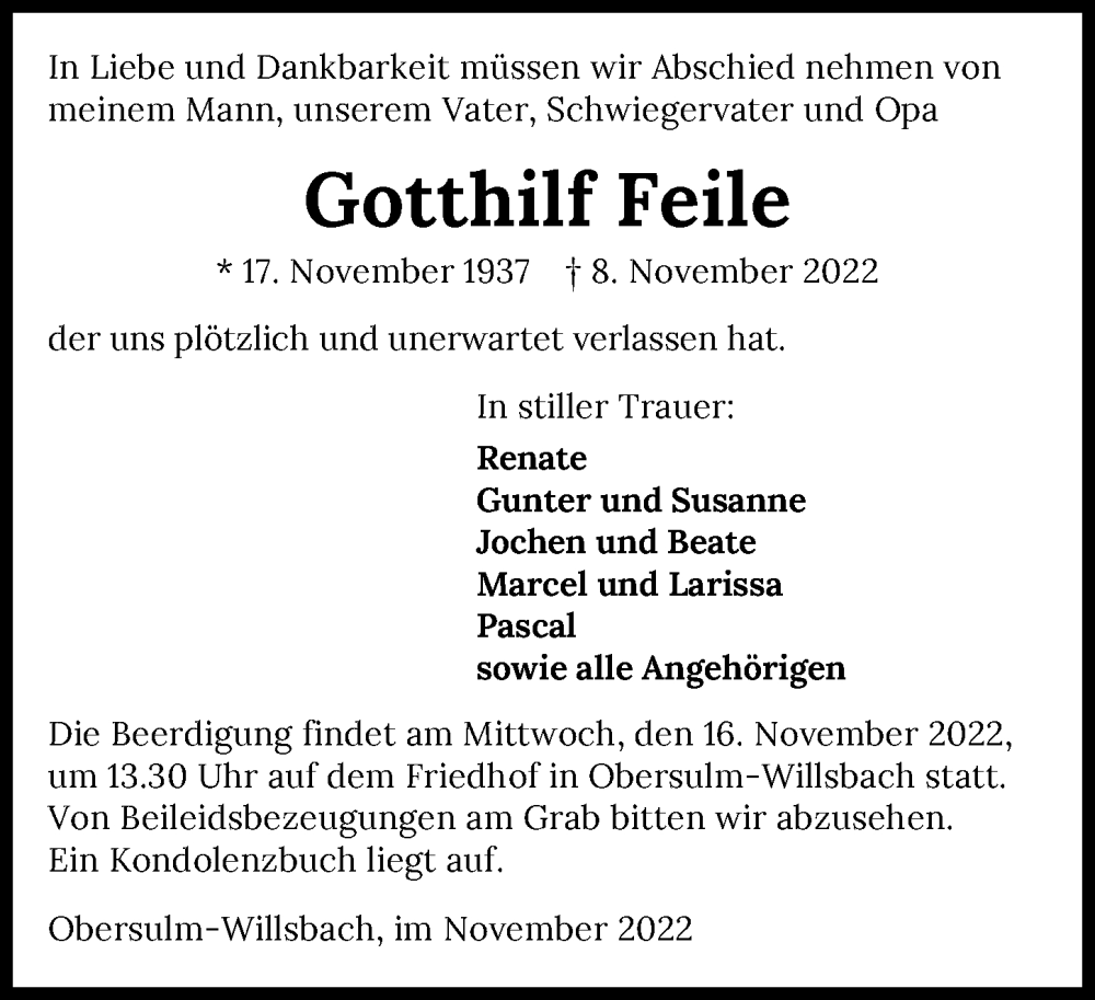  Traueranzeige für Gotthilf Feile vom 12.11.2022 aus Heilbronner Stimme
