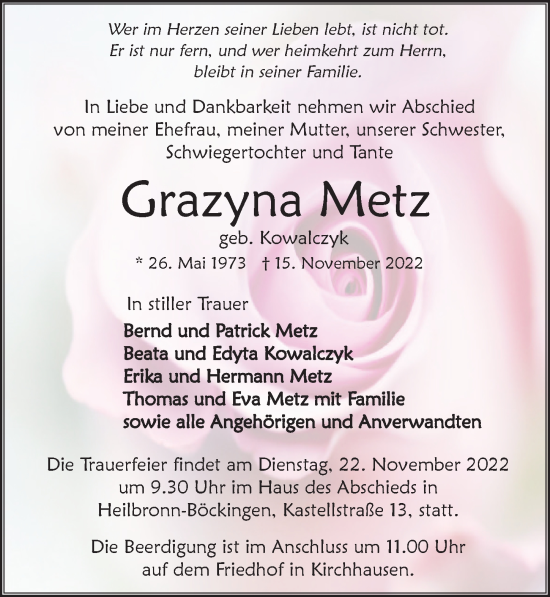 Traueranzeige von Grazyna Metz von Heilbronner Stimme