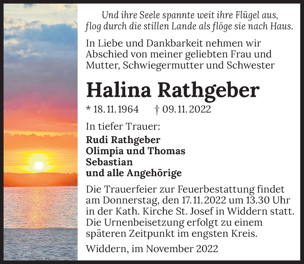 Traueranzeige für Halina Rathgeber vom 12.11.2022 aus Heilbronner Stimme