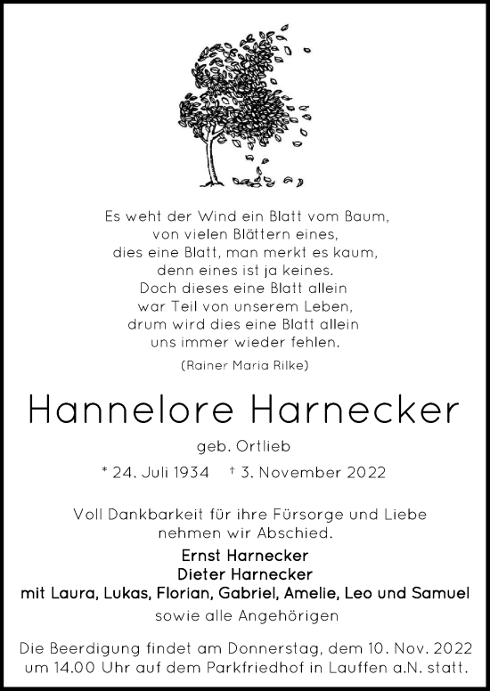 Traueranzeige von Hannelore Harnecker von Heilbronner Stimme