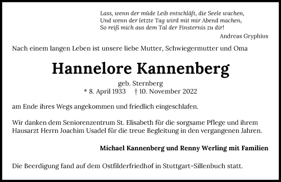 Traueranzeige von Hannelore Kannenberg von Heilbronner Stimme