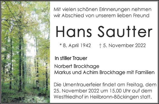 Traueranzeige von Hans Sautter von Heilbronner Stimme