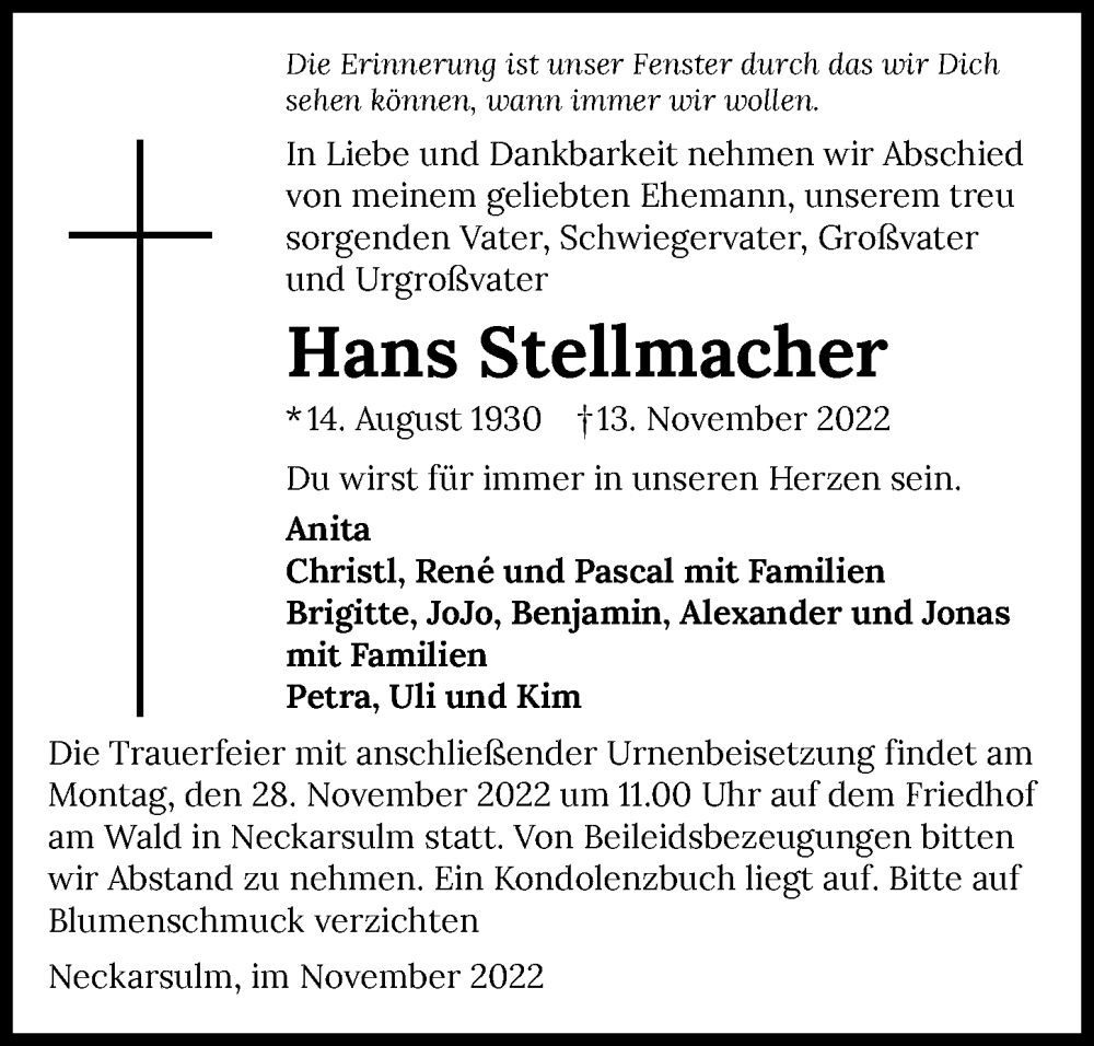  Traueranzeige für Hans Stellmacher vom 22.11.2022 aus Heilbronner Stimme