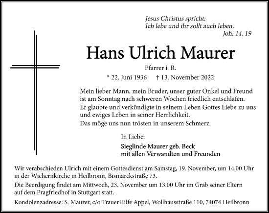 Traueranzeige von Hans Ulrich Maurer von Heilbronner Stimme