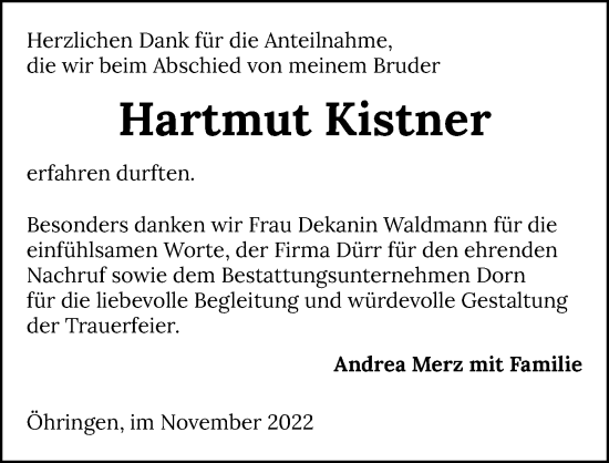 Traueranzeige von Hartmut Kistner von Heilbronner Stimme