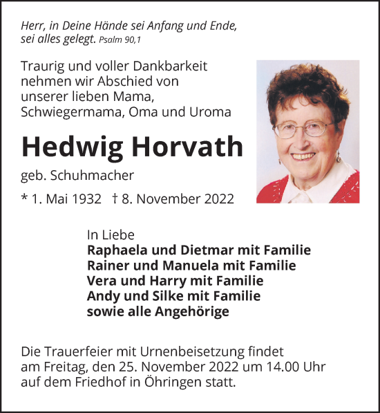 Traueranzeige von Hedwig Horvath von Heilbronner Stimme