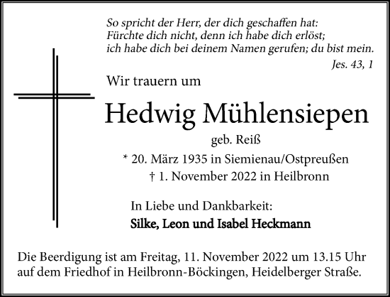 Traueranzeige von Hedwig Mühlensiepen von Heilbronner Stimme