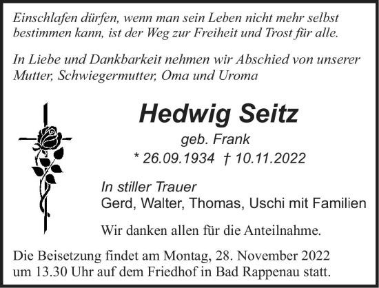 Traueranzeige von Hedwig Seitz von Heilbronner Stimme