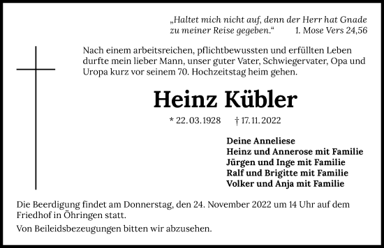 Traueranzeige von Heinz Kübler von Heilbronner Stimme