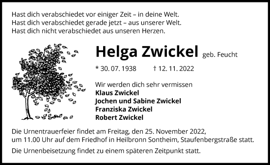 Traueranzeige von Helga Zwickel von Heilbronner Stimme