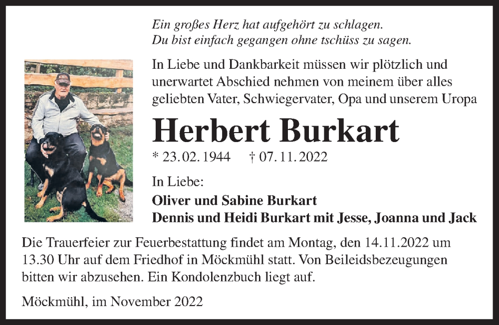  Traueranzeige für Herbert Burkart vom 12.11.2022 aus Heilbronner Stimme