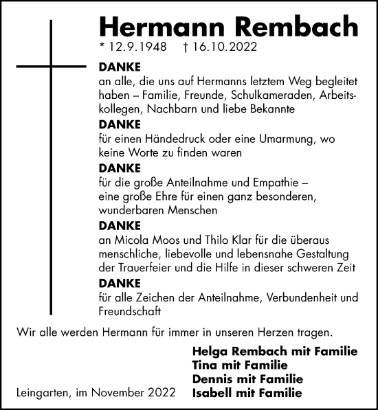 Traueranzeige von Hermann Rembach von Heilbronner Stimme