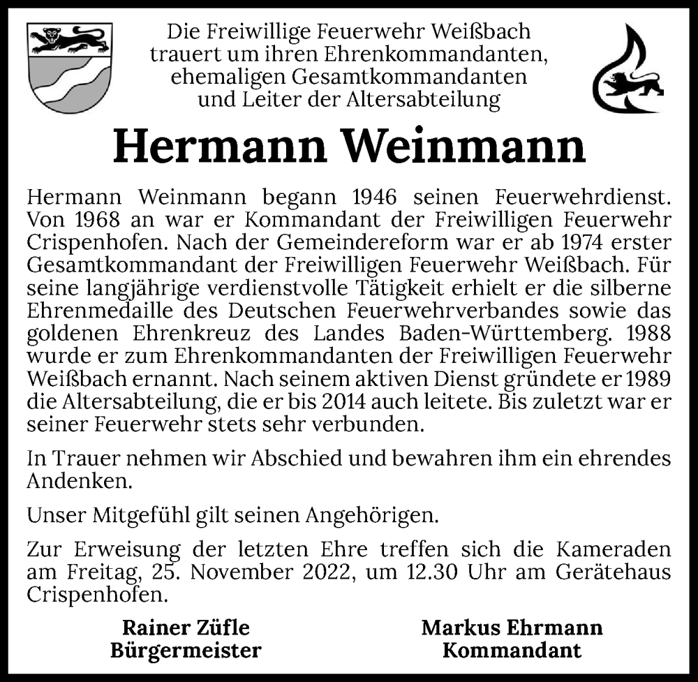  Traueranzeige für Hermann Weinmann vom 19.11.2022 aus Heilbronner Stimme