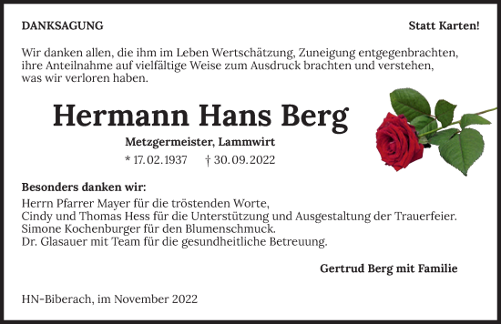 Traueranzeige von Hermann Hans Berg von Heilbronner Stimme